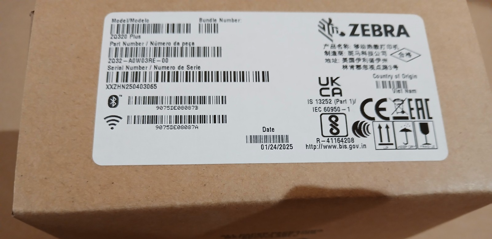 Zebra ZQ320 Plus Thermodirekt Etikettendrucker Outdoor USBC BT WLAN NFC 203 dpi