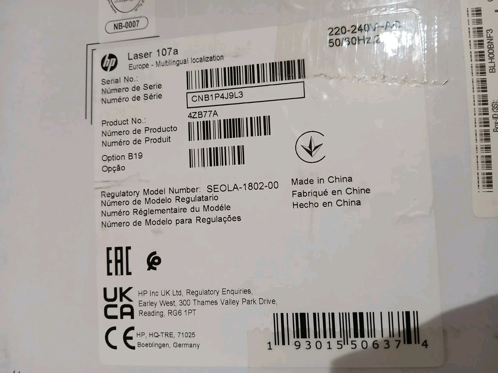 HP Laser 107a S / W Laserdrucker wie Neu Unbenutzt HP Toner USB A4 Win 10 MAC OS